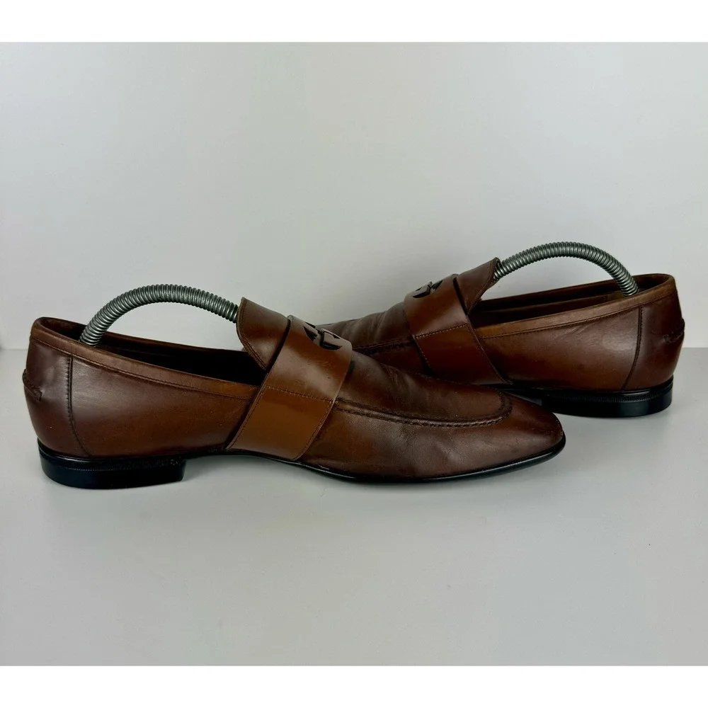 Gucci Men's Brown Leather Mila Wimbledon Logo Loafers Size‎ 6.5 Shoes